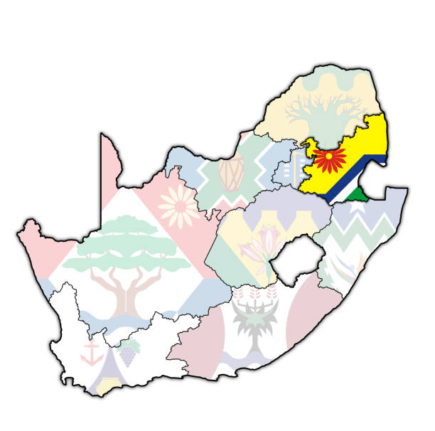 ilustraciones, imágenes clip art, dibujos animados e iconos de stock de bandera de la región de mpumalanga en el mapa de administración de sudáfrica - provincia de mpumalanga