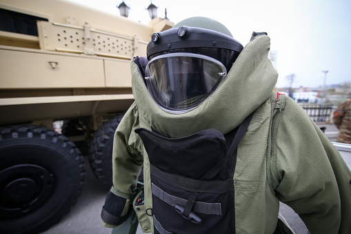 Bucharest, Romania - April 7, 2019: Details of a EOD (Explosive Ordnance Disposal) military protective costume