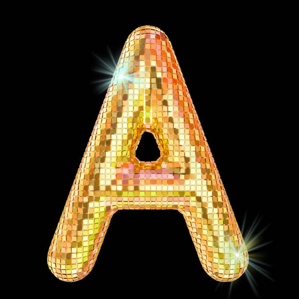 Disco font, letter A from golden glitter mirror facets. 3D rendering isolated on black background Disco font, letter A from golden glitter mirror facets. 3D rendering isolated on black background large letter a stock pictures, royalty-free photos & images