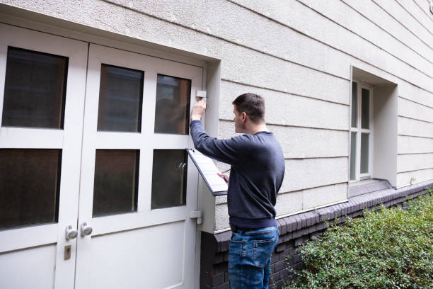 istock Service Man Examining Closed Door 1146966111