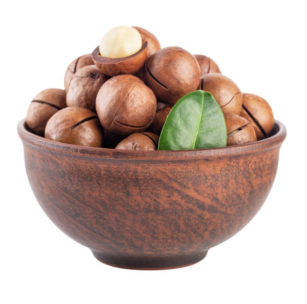 istock Australian macadamia nut with green leaf in brown plate 1146968788