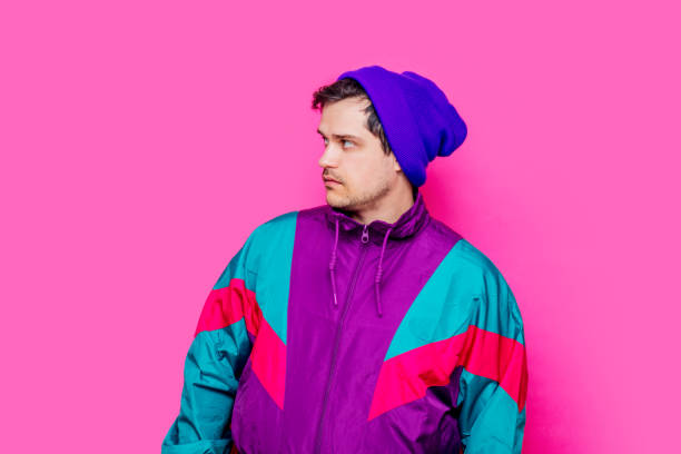 Style white man in 90s jacket and purple hat on purple-pink background