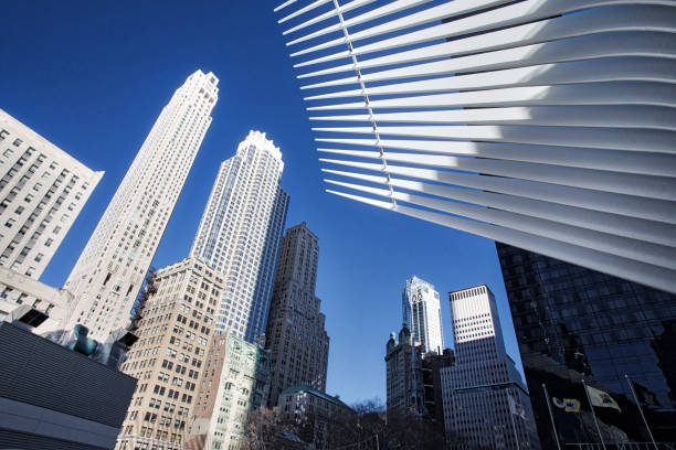 Financial District, NY - March 16, 2017: Skyscrapers view from the Westfield world trade center in the financial district in New York City, NY