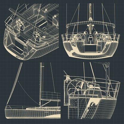 Stylized vector illustrations of drawings of different parts of a sailing yacht