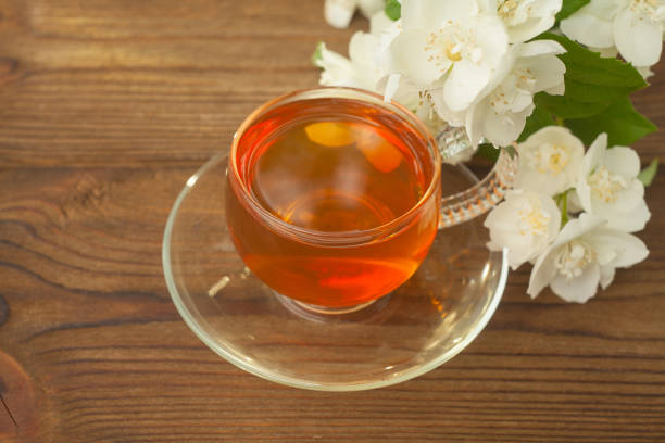 delicious green tea in a beautiful glass bowl on a table