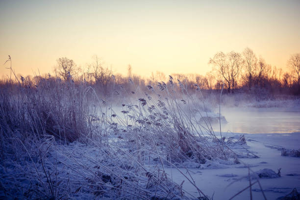 Dawn on the river Usva, Russia. Frosty morning on the river, winter. Snow on the banks of the river, dense forest Dawn on the river Usva, Russia. Frosty morning on the river, winter. Snow on the banks of the river, dense forest. Morning dawn on the river in a strong frost. On a thermometer 31 cold frozen river stock pictures, royalty-free photos & images