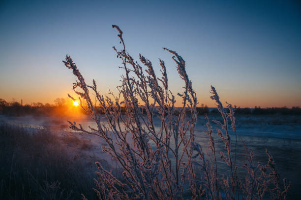 Dawn on the river Usva, Russia. Frosty morning on the river, winter. Snow on the banks of the river, dense forest Dawn on the river Usva, Russia. Frosty morning on the river, winter. Snow on the banks of the river, dense forest. Morning dawn on the river in a strong frost. On a thermometer 31 cold frozen river stock pictures, royalty-free photos & images