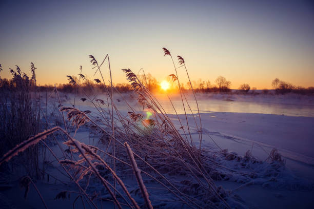 Dawn on the river Usva, Russia. Frosty morning on the river, winter. Snow on the banks of the river, dense forest Dawn on the river Usva, Russia. Frosty morning on the river, winter. Snow on the banks of the river, dense forest. Morning dawn on the river in a strong frost. On a thermometer 31 cold frozen river stock pictures, royalty-free photos & images