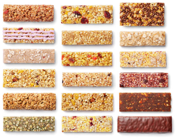 set of granola bars (muesli or cereal bar) isolated on white
