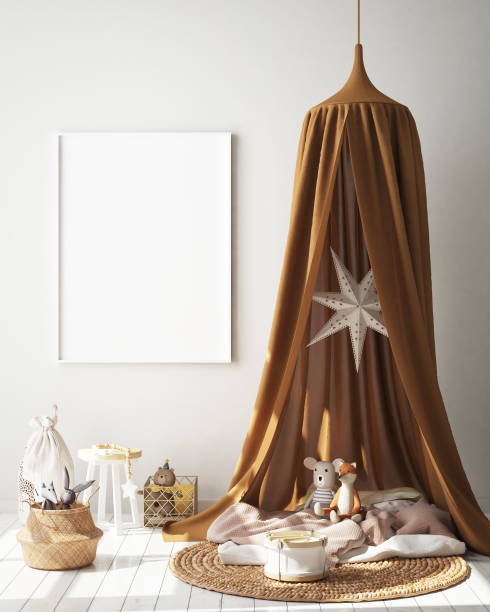 istock mock up poster frames in children bedroom, Scandinavian style interior background, 3D render 1146985826