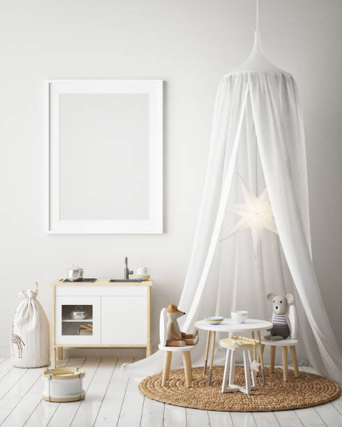 istock mock up poster frames in children bedroom, Scandinavian style interior background, 3D render 1146985831