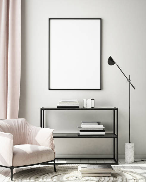 istock mock up poster frame in livingroom interior background, scandinavian style, 3D render 1146985841