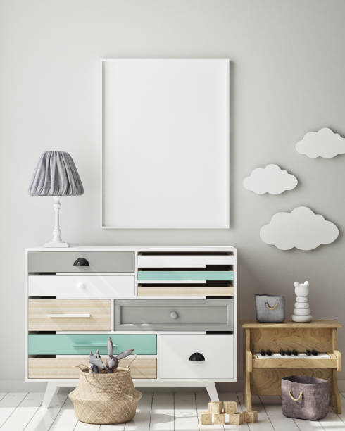 istock mock up poster frames in children bedroom, Scandinavian style interior background, 3D render 1146985845