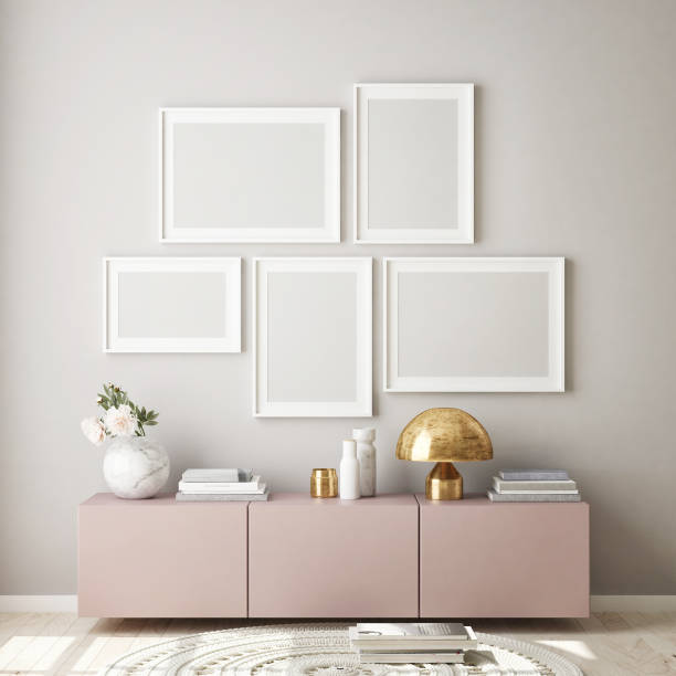 istock mock up poster frame in livingroom interior background, scandinavian style, 3D render 1146985855