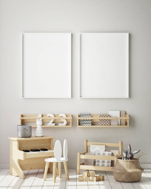 istock mock up poster frames in children bedroom, Scandinavian style interior background, 3D render 1146985874