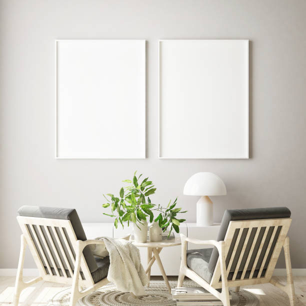 istock mock up poster frame in livingroom interior background, scandinavian style, 3D render 1146985875