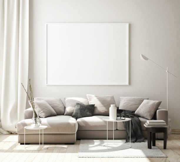 istock mock up poster frame in livingroom interior background, scandinavian style, 3D render 1146985889