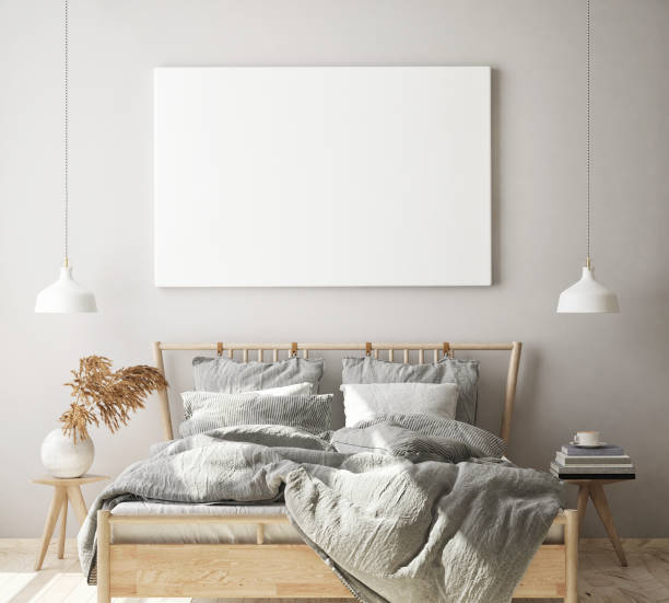 istock mock up poster frame in bedroom interior background, scandinavian style, 3D render 1146985900