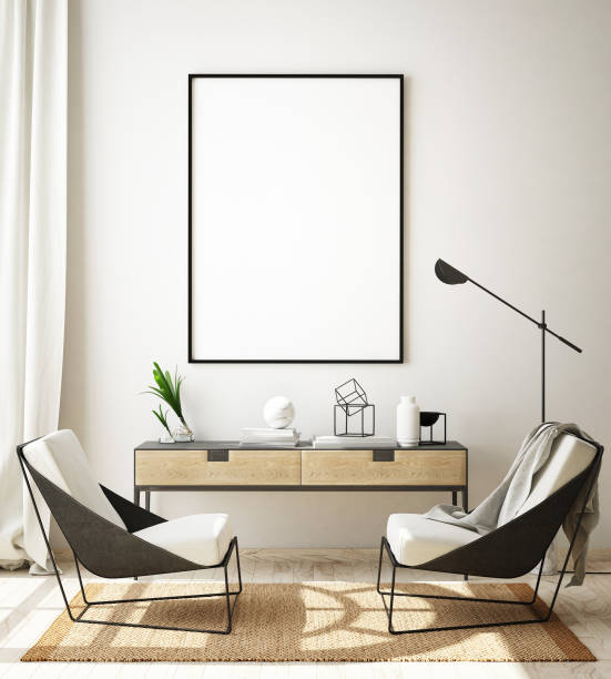 istock mock up poster frame in livingroom interior background, scandinavian style, 3D render 1146985903