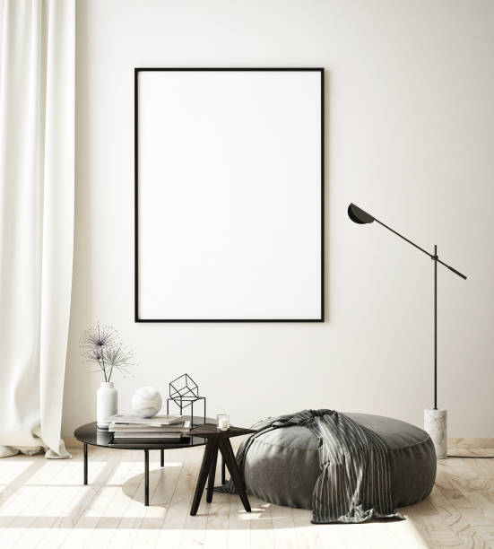 istock mock up poster frame in livingroom interior background, scandinavian style, 3D render 1146985906