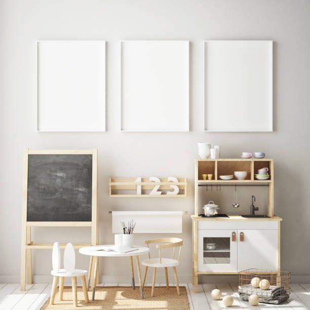 istock mock up poster frames in children bedroom, Scandinavian style interior background, 3D render 1146985914