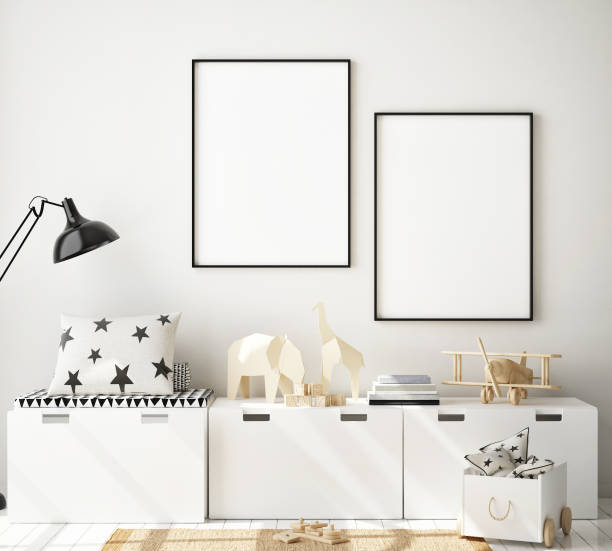 istock mock up poster frames in children bedroom, Scandinavian style interior background, 3D render 1146985920