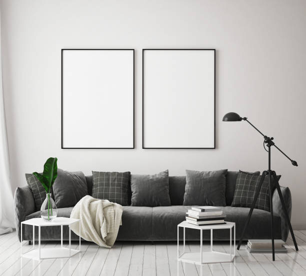 istock mock up poster frame in livingroom interior background, scandinavian style, 3D render 1146985922