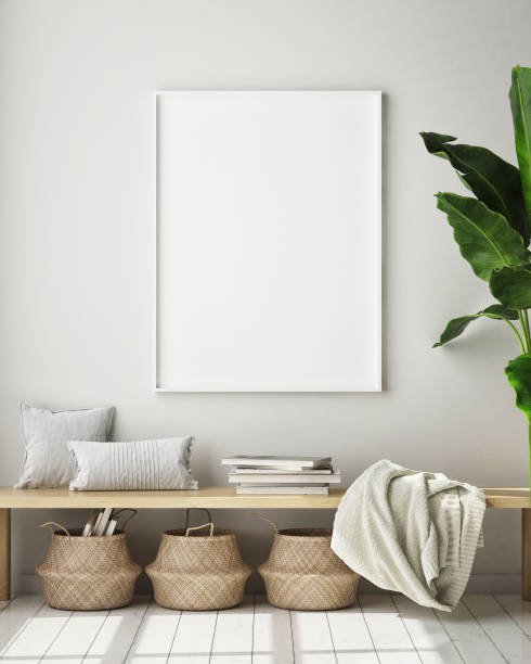istock mock up poster frame in hipster interior background, scandinavian style, 3D render 1146985927