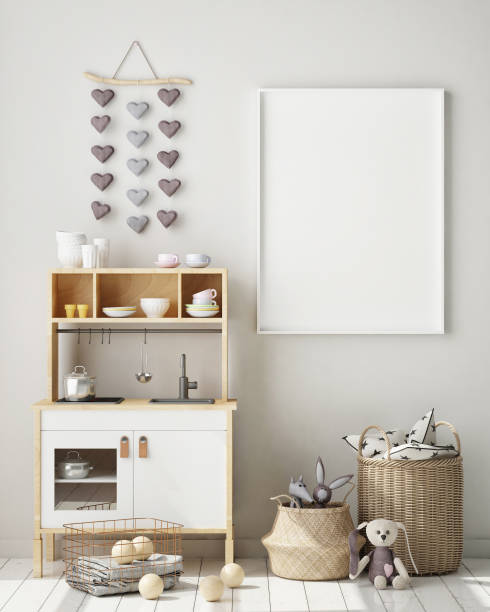 istock mock up poster frames in children bedroom, Scandinavian style interior background, 3D render 1146985928