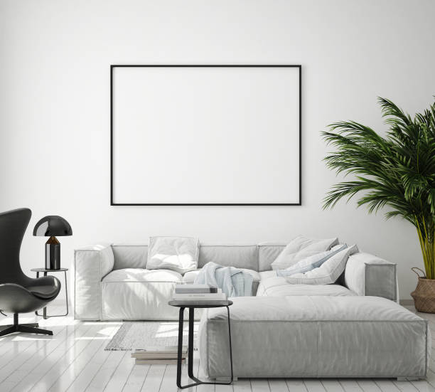 istock mock up poster frame in livingroom interior background, scandinavian style, 3D render 1146985930