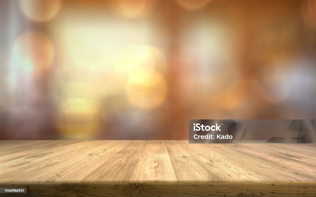 明るいぼかしの背景に木製のテーブルトップ空の茶色の木のテーブル - 背景のロイヤリティフリーストックフォト