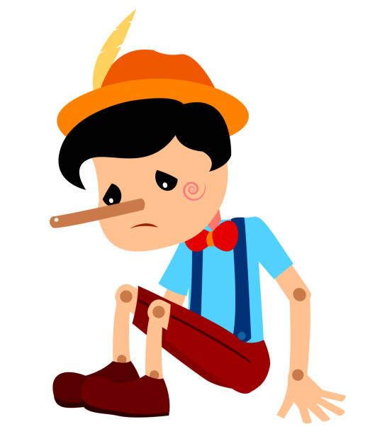 illustrazioni stock, clip art, cartoni animati e icone di tendenza di pinocchio tale illustrazione vettoriale. infelice naso lungo pinocchio seduto. - pinocchio liar child dishonesty