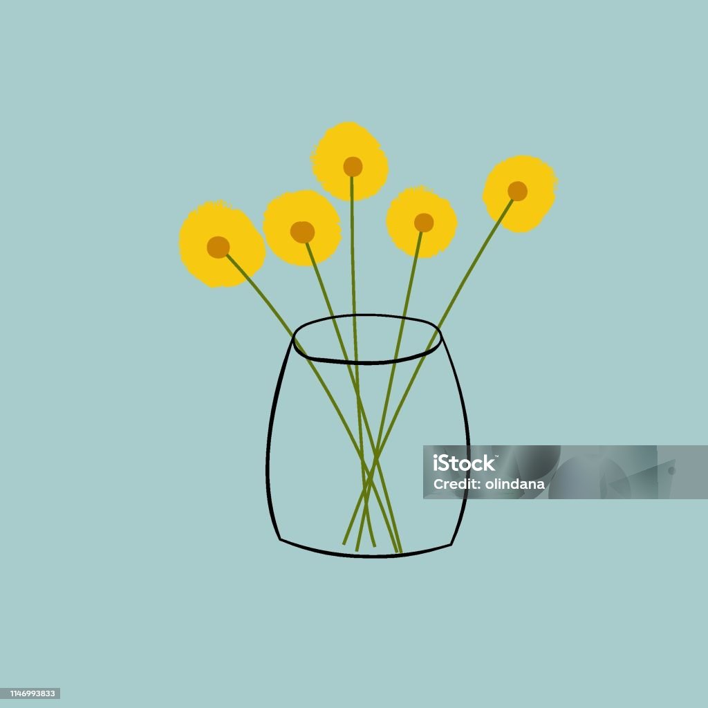 Hand drawn doodle vector illustration of bouquet of fluffy yellow daisies in transparent vase on blueish gray background. Sketchy contemporary drawing style. Interior decoration greeting card Hand drawn doodle vector illustration of bouquet of fluffy yellow daisies in transparent vase on blueish gray background. Sketchy contemporary drawing style. Interior decoration Abstract stock vector