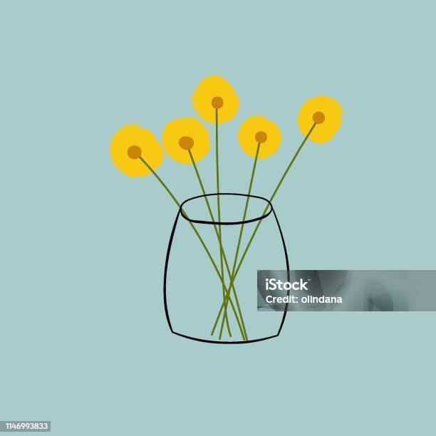 Hand Drawn Doodle Vector Illustration Of Bouquet Of Fluffy Yellow Daisies In Transparent Vase On Blueish Gray Background Sketchy Contemporary Drawing Style Interior Decoration Greeting Card Stock Illustration - Download Image Now