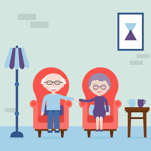 ilustrações de stock, clip art, desenhos animados e ícones de grandfather and grandmother hold hands and sitting in armchair. feel love always. the elderly happy and love. vector illustration. - family sofa vector illustration and painting