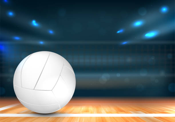 волейбольный мяч на спортивной арене  с сеткой и огнями - волейбольный мяч иллюстрации stock illustrations