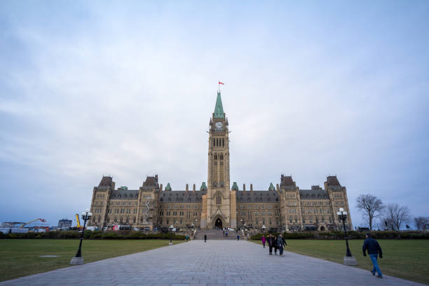 torre do pulso de disparo principal do bloco center do parliament de canadá, no complexo parliamentary canadense de ottawa, ontário, contendo senate e casa dos terras comuns - commons - fotografias e filmes do acervo