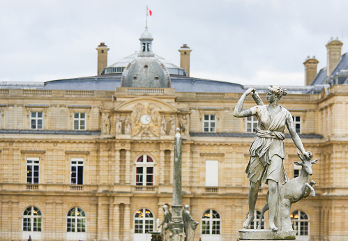 Statue of Diana, a Roman goddess of the hunt, the Moon, and nature, in the Jardin du Luxembourg housing the French Senate in Paris, France