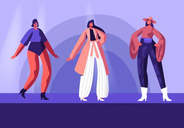 Vector illustration of Model Girls in Fashioned Haute Couture Clothing Walking on Runway Demonstrating New Collection of Apparel. Pret-a-Porte, Fashion Show on Catwalk. Female Characters Cartoon Flat Vector Illustration