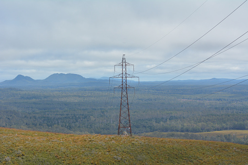 TASMANIA - MAR 27 2019: Hydro-electricity power line.Tasmania is the leader of renewable energy generation in Australia