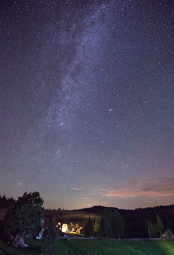 Night photography of Milky Way rising over the Carpathian Mountains in Romania