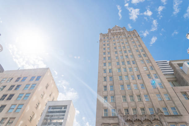 istock Low perspective angle view of Dallas skylines with cloud blue sky 1147012946