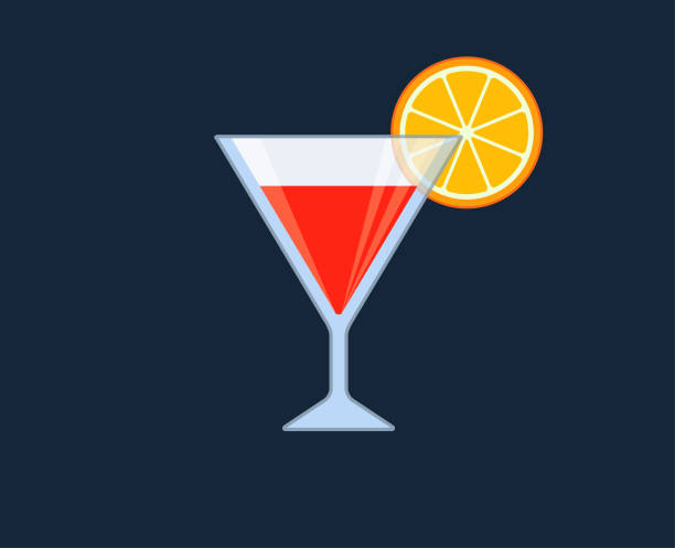 ilustraciones, imágenes clip art, dibujos animados e iconos de stock de copa cóctel con vodka martini y limón o naranja guarnición - liqueur glass