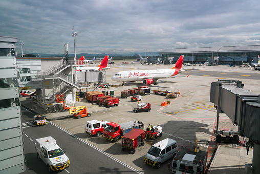 Aerial plane Avianca towed to go to the runway at El Dorado airport. Bogota Colombia. April 25, 2019