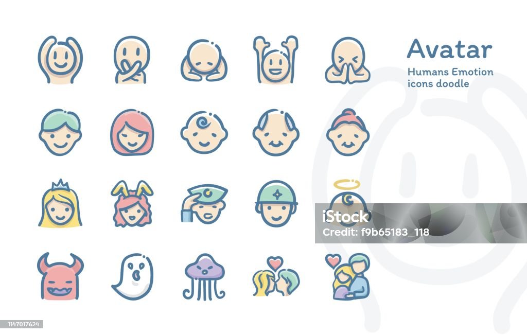 Avatar Humans Emotion icons doodle Old stock vector