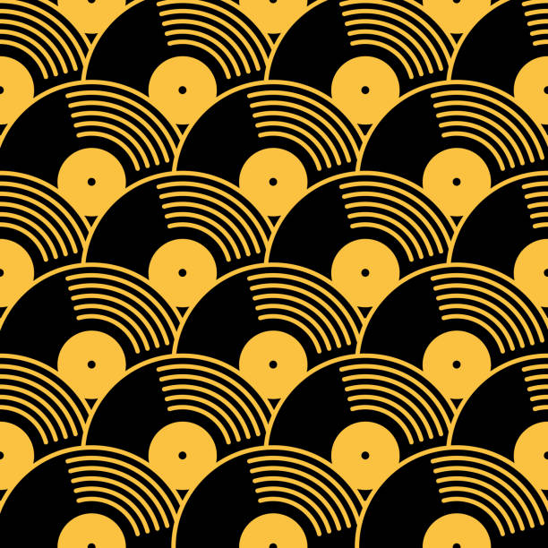 ilustraciones, imágenes clip art, dibujos animados e iconos de stock de oro y vinilo negro records patrón sin costuras - tocadisco