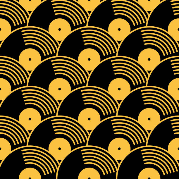 ゴールドとブラックのビニールレコードシームレスなパターン - 1970s style audio点のイラスト素材／クリップアート素材／マンガ素材／アイコン素材