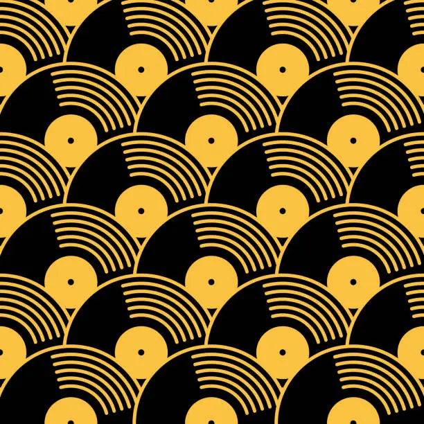 Vector illustration of Gold And Black Vinyl Records Seamless Pattern