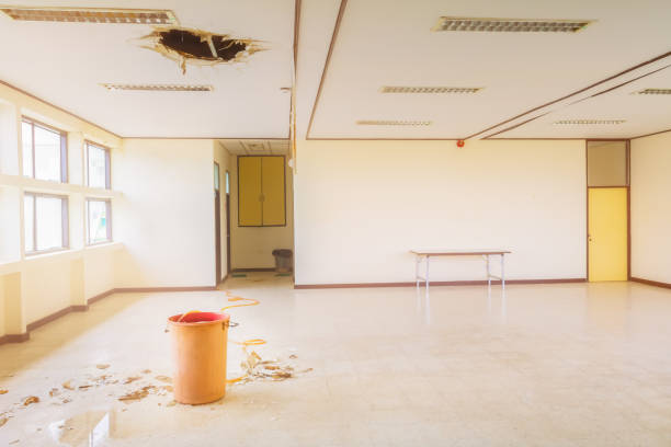 istock water leak drop interior office building in red bucket from gypsum ceiling and flow on terrazzo floor 1147021538