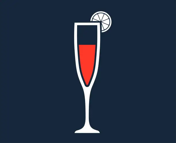 Vector illustration of Champagne In Champagne Flute Glass With Lemon Or Orange Garnish